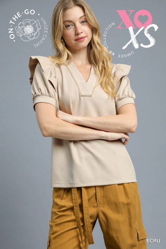 Puff Sleeve Top with Contrast Piping