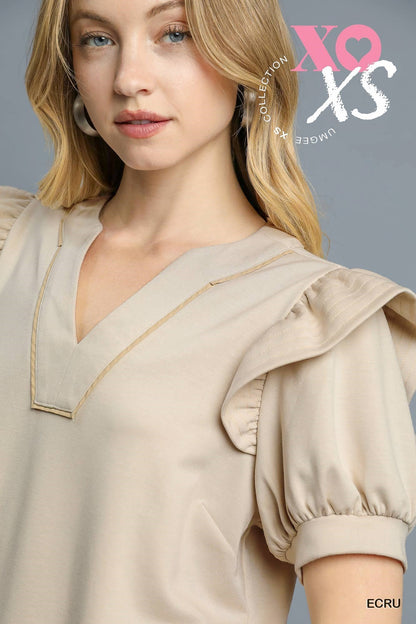 Puff Sleeve Top with Contrast Piping