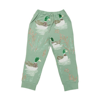Marsh Mallard Sweatpants in mint green with embroidered sequin ducks, flat lay