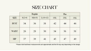 Bell Cher size chart with bust, waist and hip measurements for sizes S through 3XL