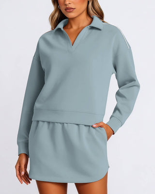 PRE ORDER - Lapel Collar Pullover Top & Lining Skirt Athleisure Set