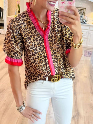 PRE ORDER - Elegance Ruffle frilled Leopard print blouse short sleeve