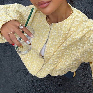 PRE ORDER - Textured floral jacquard bomber jacket in Daffodil