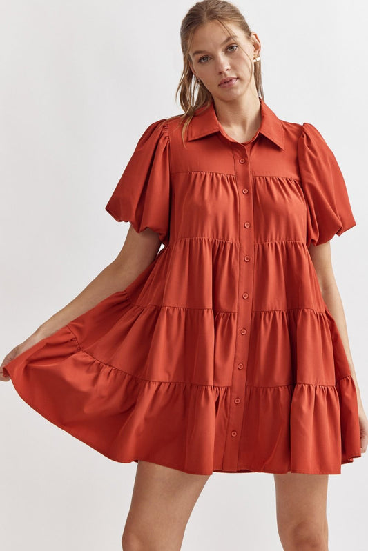 Solid button up tiered mini dress