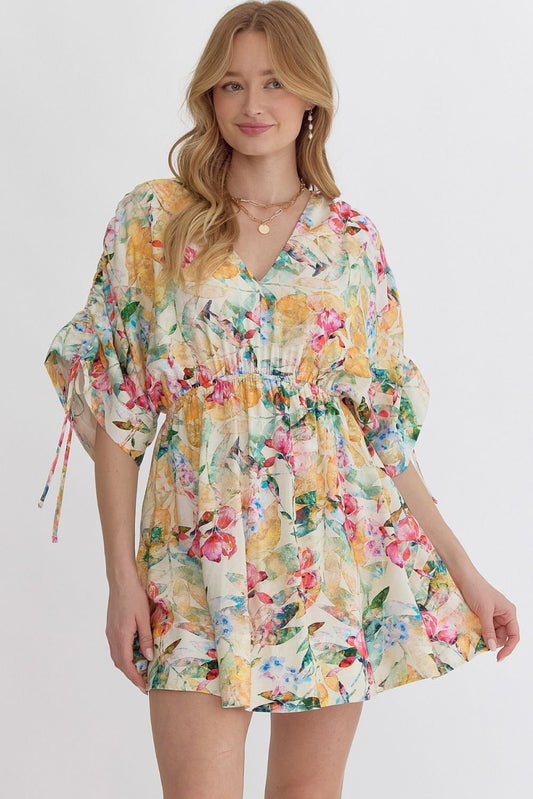 Floral print v-neck half sleeve mini dress