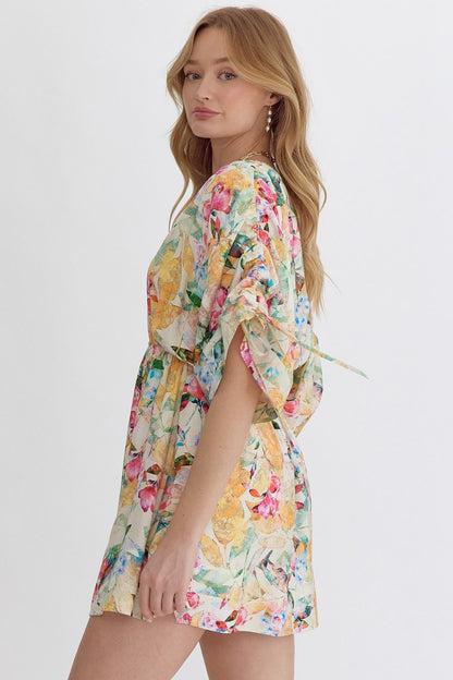Floral print v-neck half sleeve mini dress