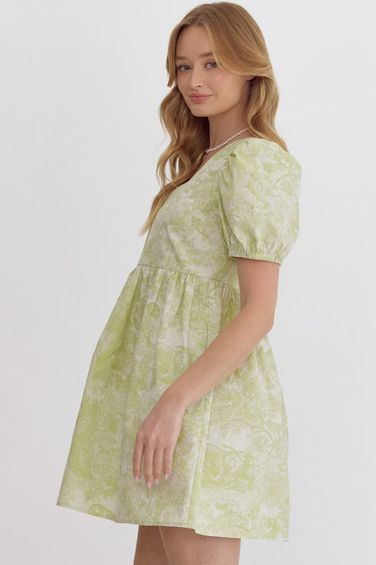 Printed short puff sleeve square neck mini dress