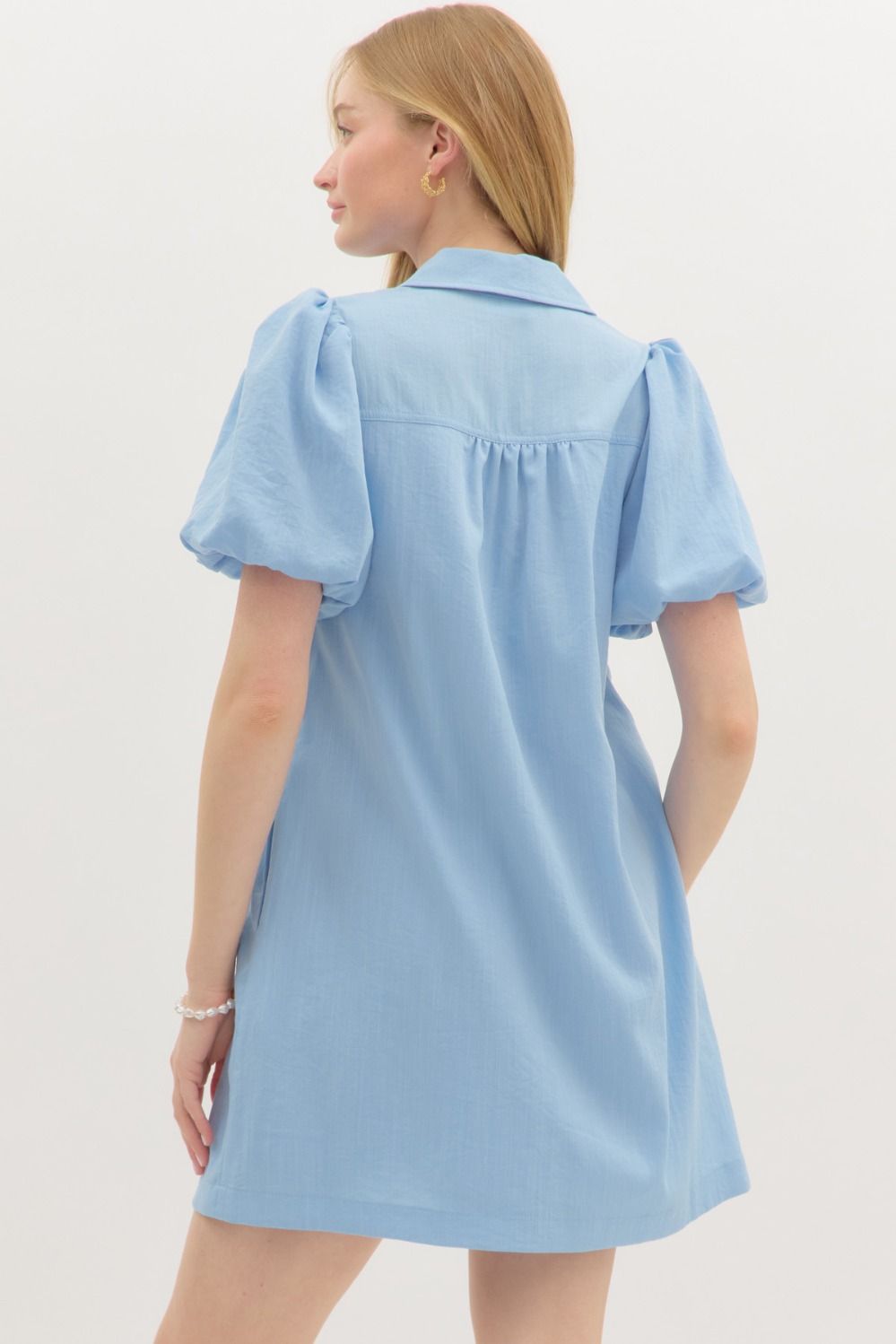 Solid short bubble sleeve pullover mini dress