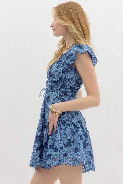 Eyelet floral flutter sleeve mini dress
