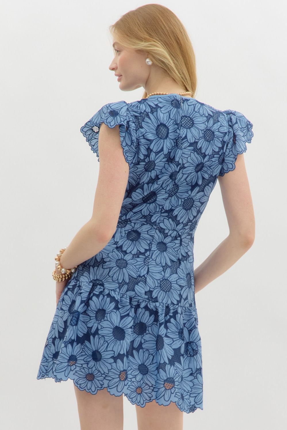 Eyelet floral flutter sleeve mini dress