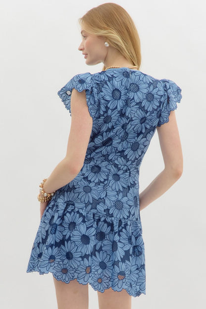Eyelet floral flutter sleeve mini dress