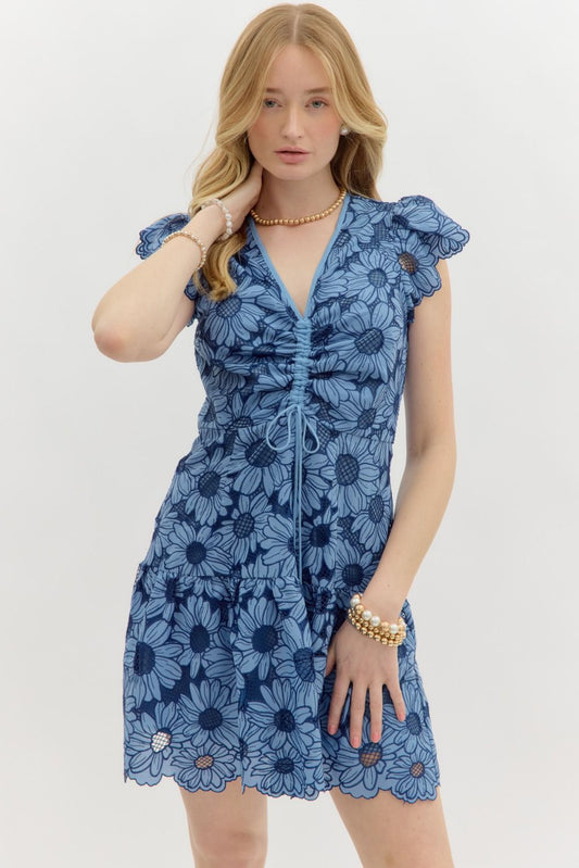 Eyelet floral flutter sleeve mini dress