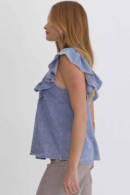 Acid wash ruffle sleeve high neck top