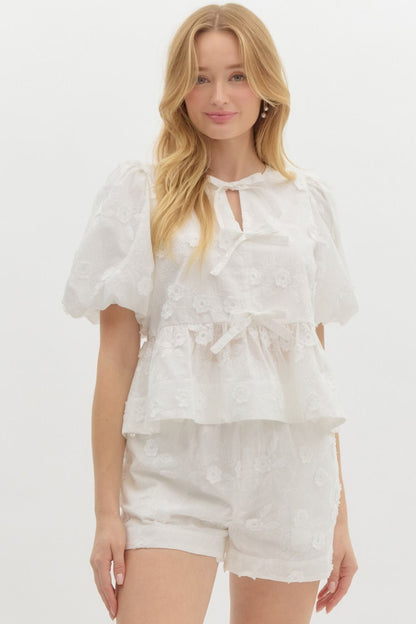 Solid embroidered floral applique short bubble sleeve babydoll top