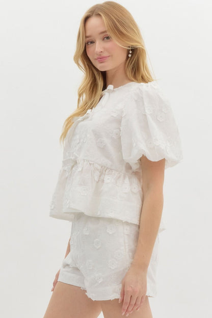 Solid embroidered floral applique short bubble sleeve babydoll top