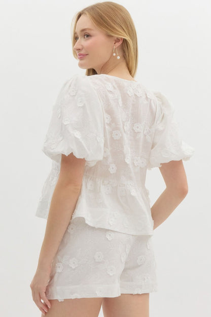 Solid embroidered floral applique short bubble sleeve babydoll top