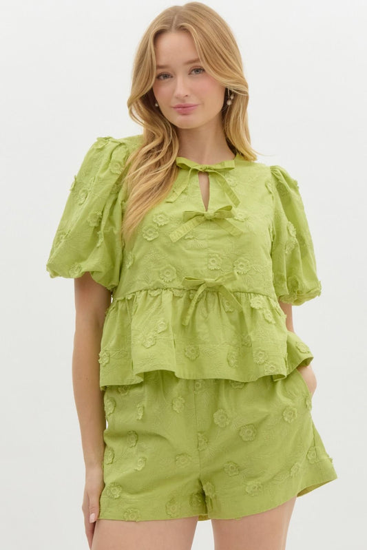 Solid embroidered floral applique short bubble sleeve babydoll top