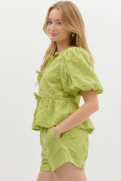 Solid embroidered floral applique short bubble sleeve babydoll top