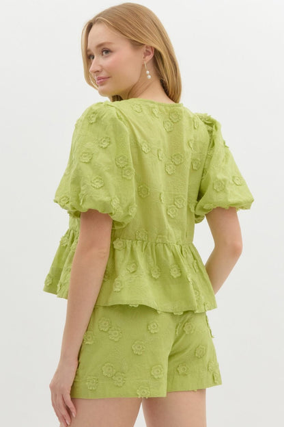 Solid embroidered floral applique short bubble sleeve babydoll top