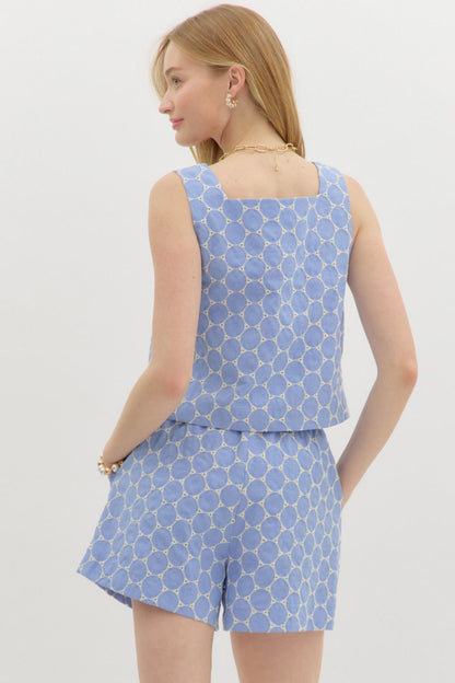 Embroidered eyelet waist-length sleeveless pullover top