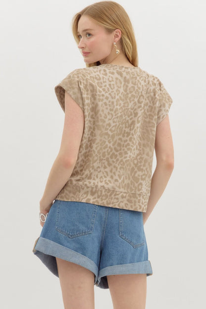Leopard print jersy knit pullover muscle top