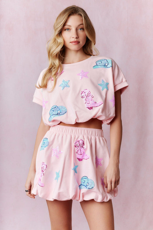 Cowgirl Sequin Bubble Hem Cotton Terry Skirt