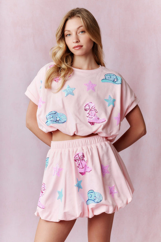 Cowgirl Sequin Bubble Hem Terry Top