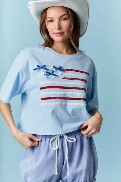 American Flag with Bow Detail Ditsy Printed Crop Top