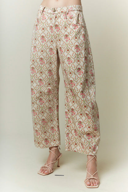 Jacquard Floral Printed Barrel Jeans