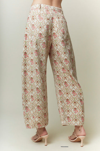Jacquard Floral Printed Barrel Jeans