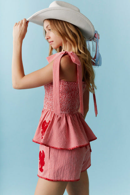 Heavy Crochet Crawfish Embroidery with Shoulder Tie Detail Gingham Top