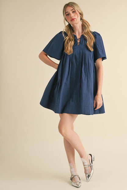 Pleated short sleeve mini dress