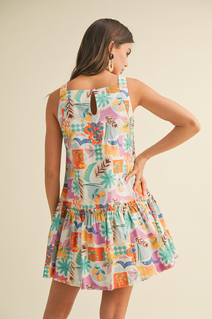 Tropical print drop waist mini dress