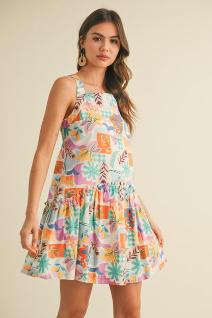 Tropical print drop waist mini dress