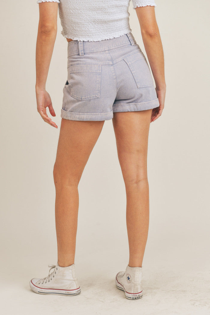 High rise pleated denim shorts