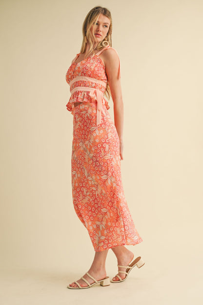 Floral tie top and midi skirt set