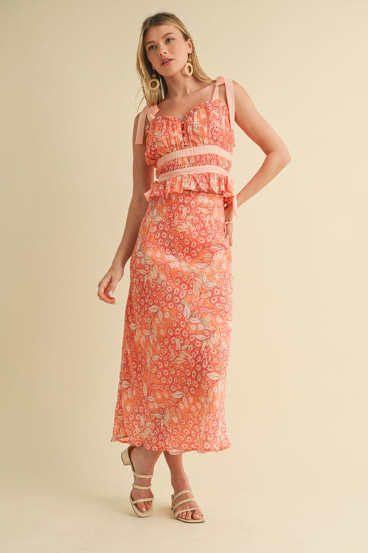 Floral tie top and midi skirt set