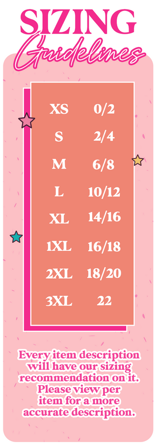 Sizing Guidelines XS 0/2, S 2/4, M 6/8, L 10/12, XL 14/16, 1XL 16/18, 2XL 18/20, 3XL 22