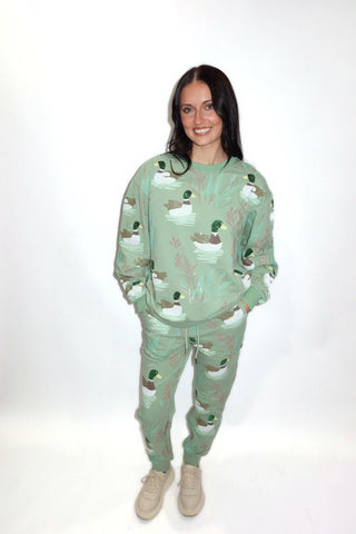 Marsh Mallard Sweatshirt front view showing crew neckline and sequin duck placement