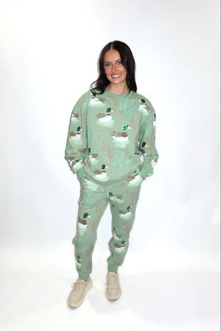 Marsh Mallard Sweatshirt styled as a full set with the matching mint sweatpants
