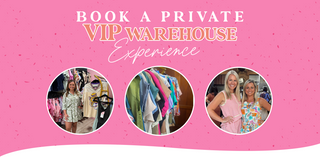Promotional graphic for a private VIP warehouse experience with images of clothing and people on a pink background.