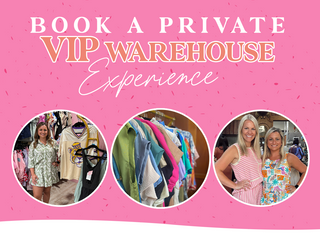 Promotional graphic for a private VIP warehouse experience with images of clothing and people on a pink background.